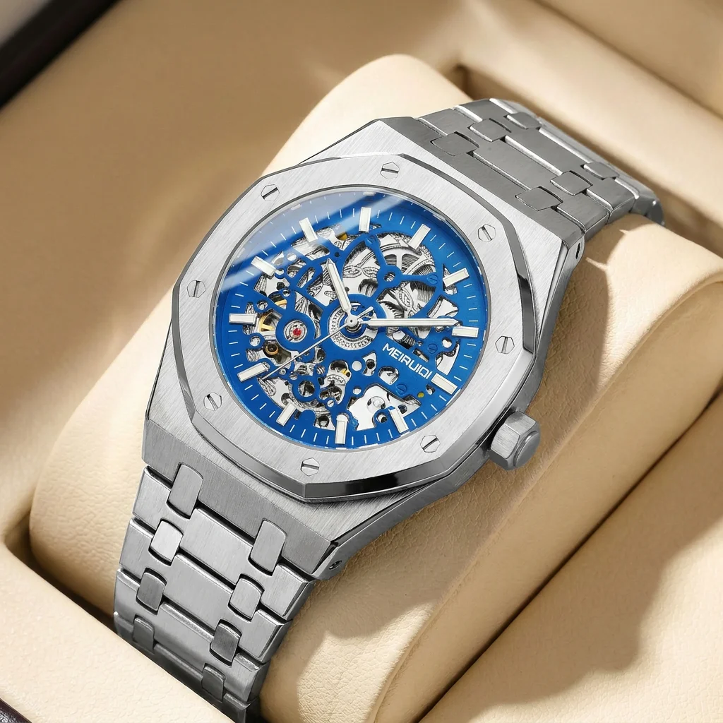 

1pcs Men's blue dial stainless steel strap vintage fashion skeleton gear luxury details Mechanical Watch for business party holi
