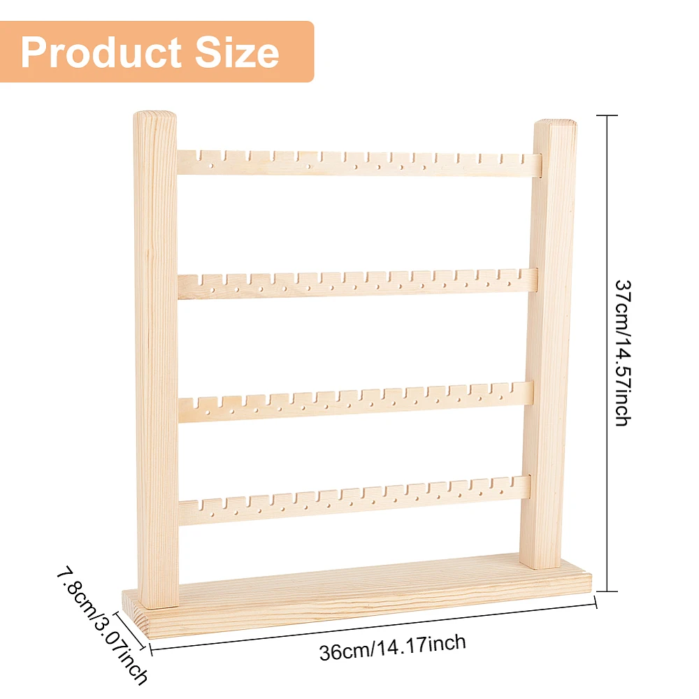 4-Tier Wooden Earring Display Organizer Holder （60 Slots 56 Holes） Wheat Detachable Earring Display Stand Jewelry Display Rack