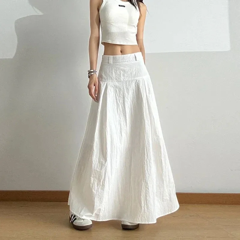 

White High Waist Casual Midi Skirt Women Summer New Loose A Line Skirts Fashion Simple Basic Solid Quick Drying Skirt Mujer