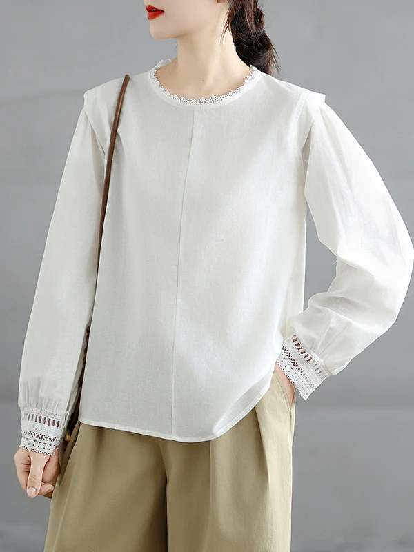 

Elegant Lace Trim Long Sleeve round Neck Shirt Women's Early Autumn Cotton Casual Breathable Loose Fit Shirt Female Fashion