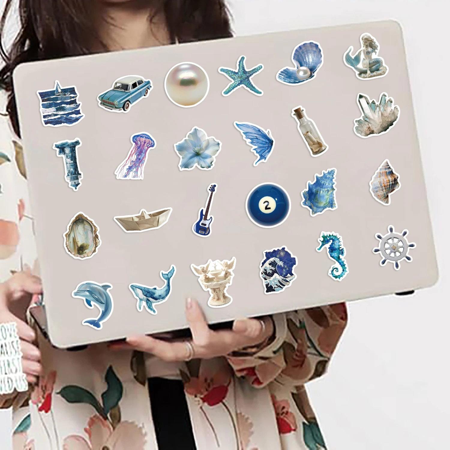 50pcs Ins Wind Blue and Silver Ocean Stickers Aesthetic Cartoon Stickers For Laptops Luggage Skateboards Scrapbooks Guitars