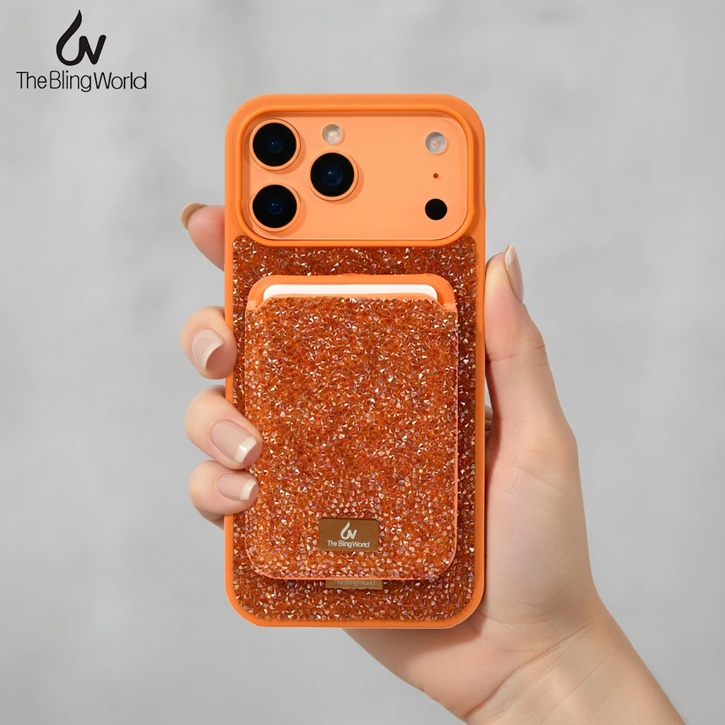 Bling Glitter Diamond Magnetic Card Holder Wallet Case for iPhone 17 16 15 14 13 Pro Max Luxury Leather Magsafe Cover for Women