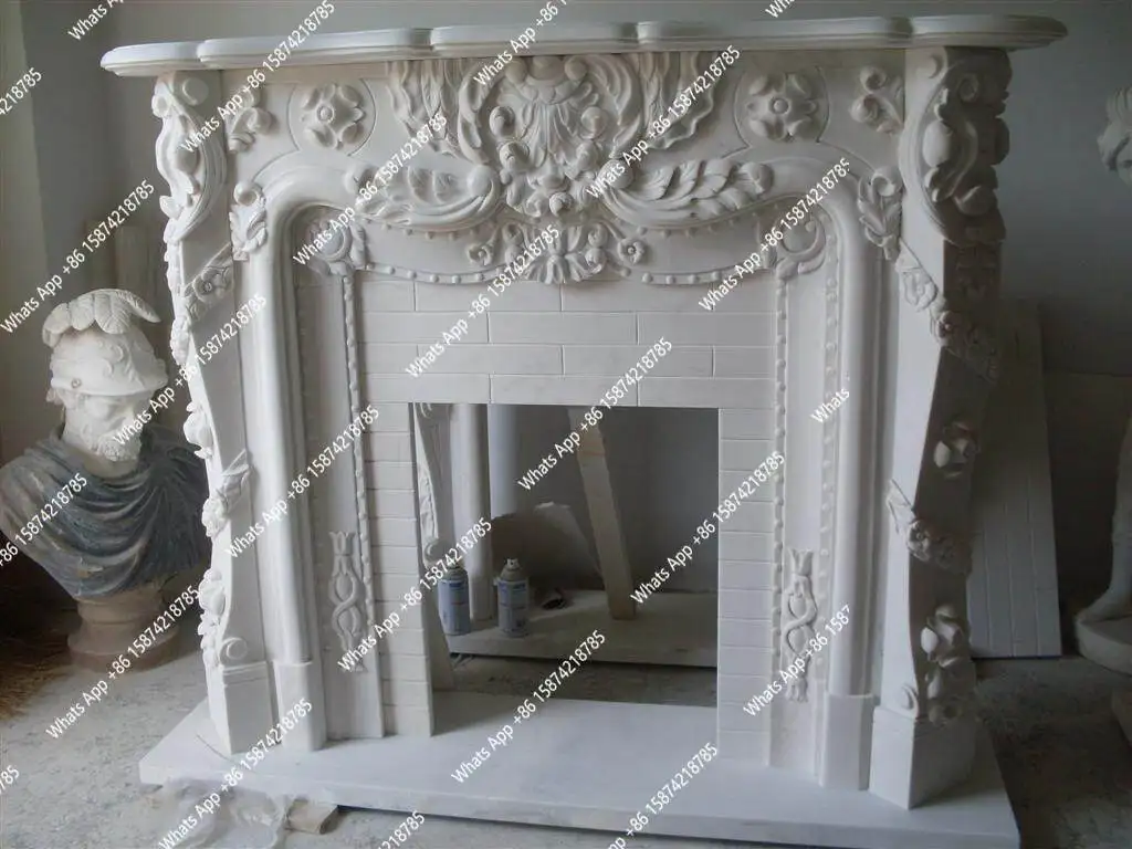 Flower and grass fireplace, white marble, marble, European fireplace, Quyang stone carving, mantel