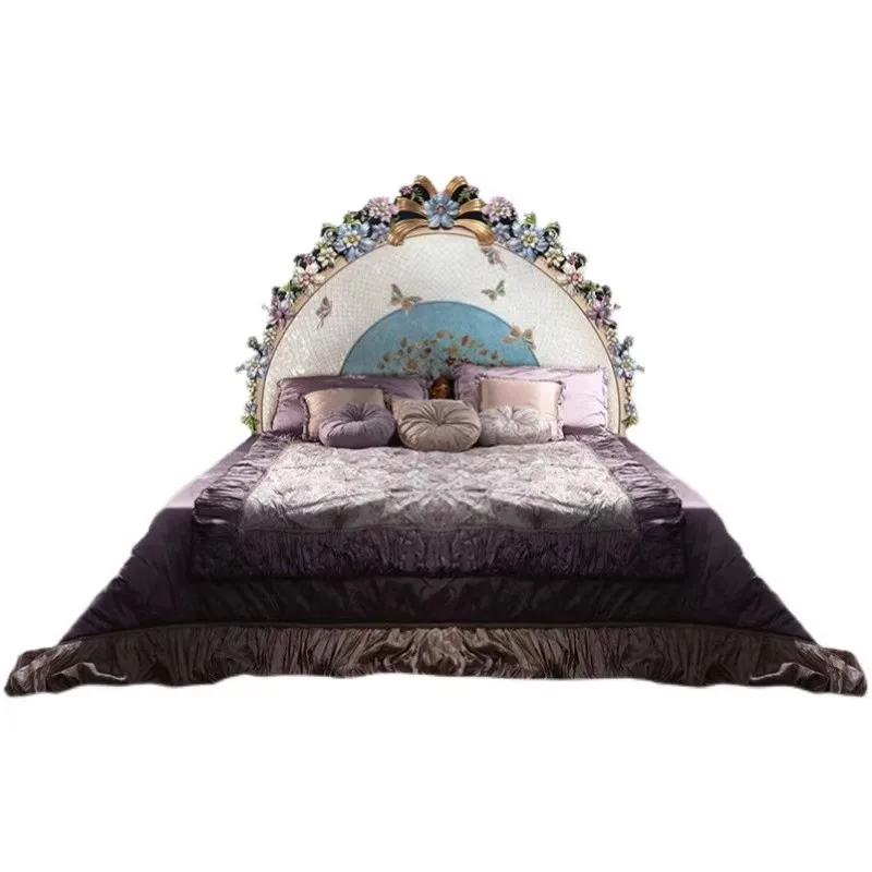 

Inlaid shell parquet painted solid wood double bed European gold foil Italian classical wedding bed