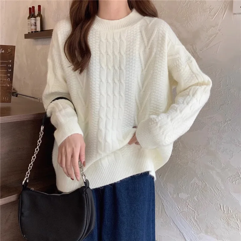 Soft Cozy round Neck Knitted Sweater Women's Autumn Winter Korean Style Sweet Slimming Top Milk Series Commute Style Loose Fit