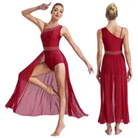 Traje de actuación de danza lírica moderna para mujer, sin mangas, con diamantes de imitación, vestido dividido de malla transparente, leotardo de Ballet y gimnasia para patinaje