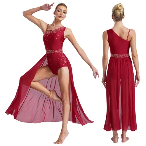 Imagen 1 del producto Traje de actuación de danza lírica moderna para mujer, sin mangas, con diamantes de imitación, vestido dividido de malla transparente, leotardo de Ballet y gimnasia para patinaje