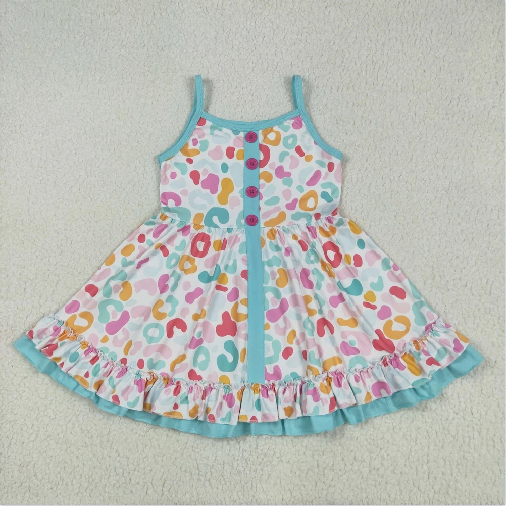 

New Fashion Kids Designer Clothes Girls Blue Strap Colorful Leopard Button Knee Length Boutique Baby Girls Short Sleeve Dresses