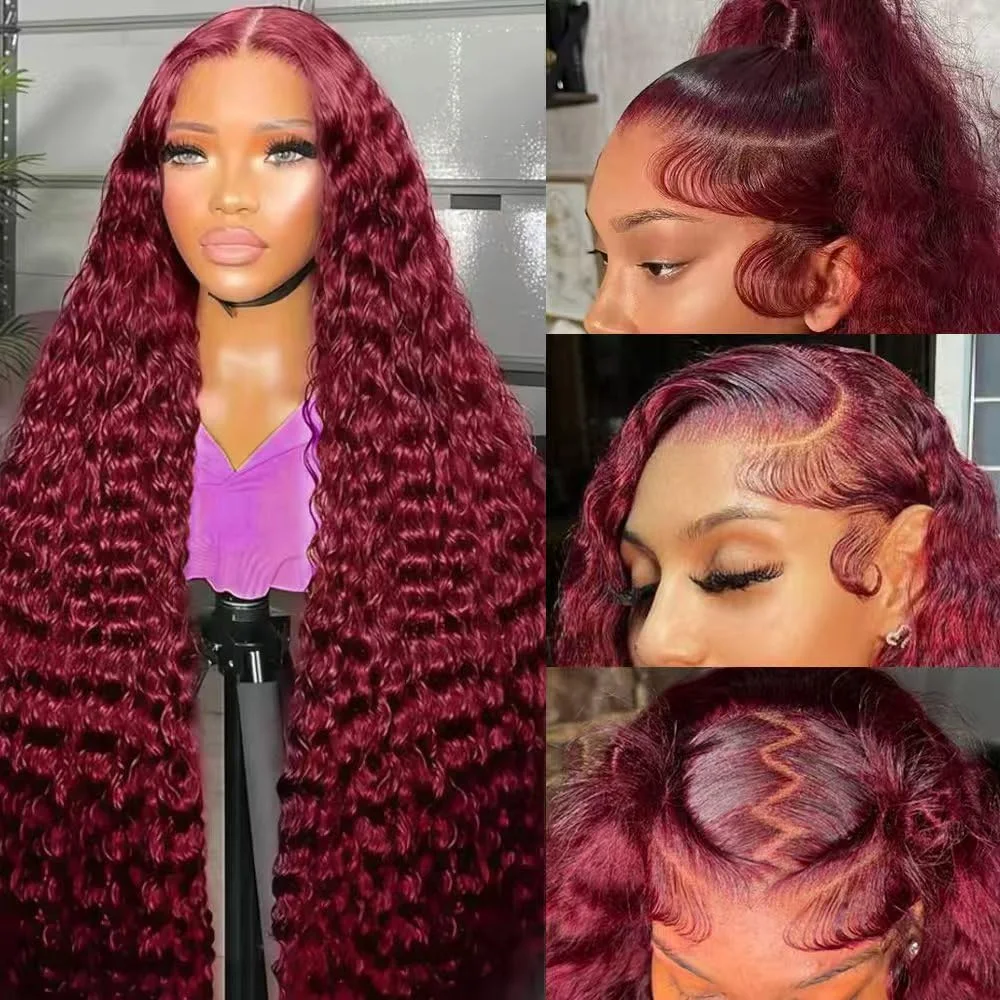 

99J Бордовый Глубокая Волна 13x4 Парик Фронта Шнурка Красная Винная Вода Человеческие Волосы Бразильские 30 46 Дюймов Глубокие Вьющиеся 13x6 HD Парики Фронта Шнурка