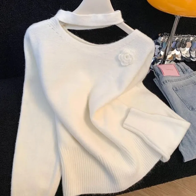 Autumn Winter Clothes Women Sweaters Solid Halter Elegant Pullovers Korean Fashion Chic Versatile Vintage Pulls Femmes