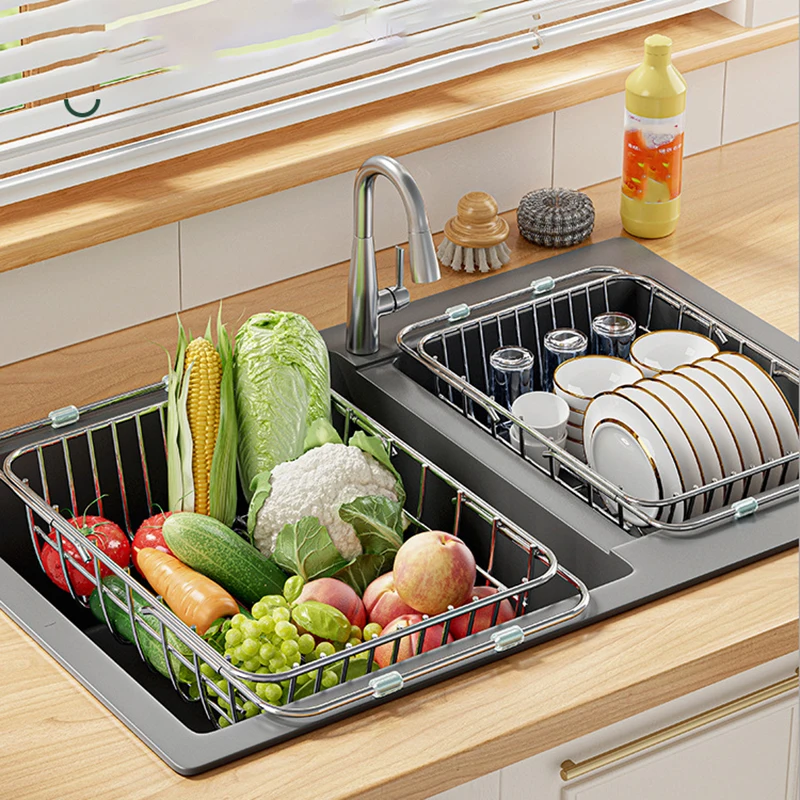 Adjustable Dish Drying Rack Stainless Steel Dish Drainer Fruit Vegetable Drainer Kitchen Sink Drain Holder Storage Rack