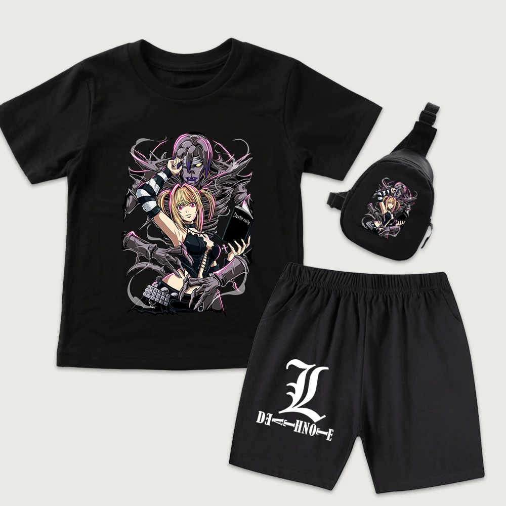 Death Note Misa Graphic Print Kids Short Sleeve T Shirt And Shorts Set With Mini Chest Bag 3 Piece Outfit For Boys Girls Teens