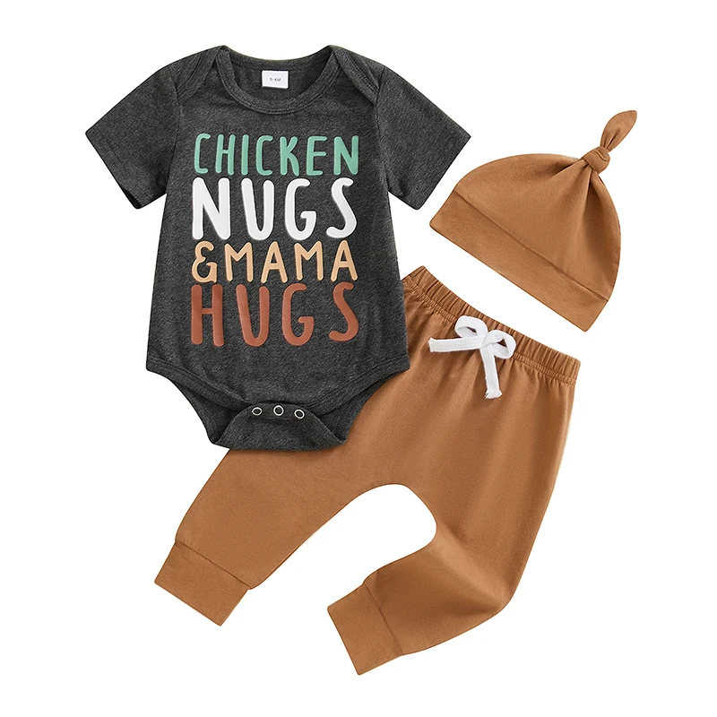 

Baby Boys 3PCS Outfit Sets Short Sleeve Letter Print Romper Solid Color Pants Hat Sets