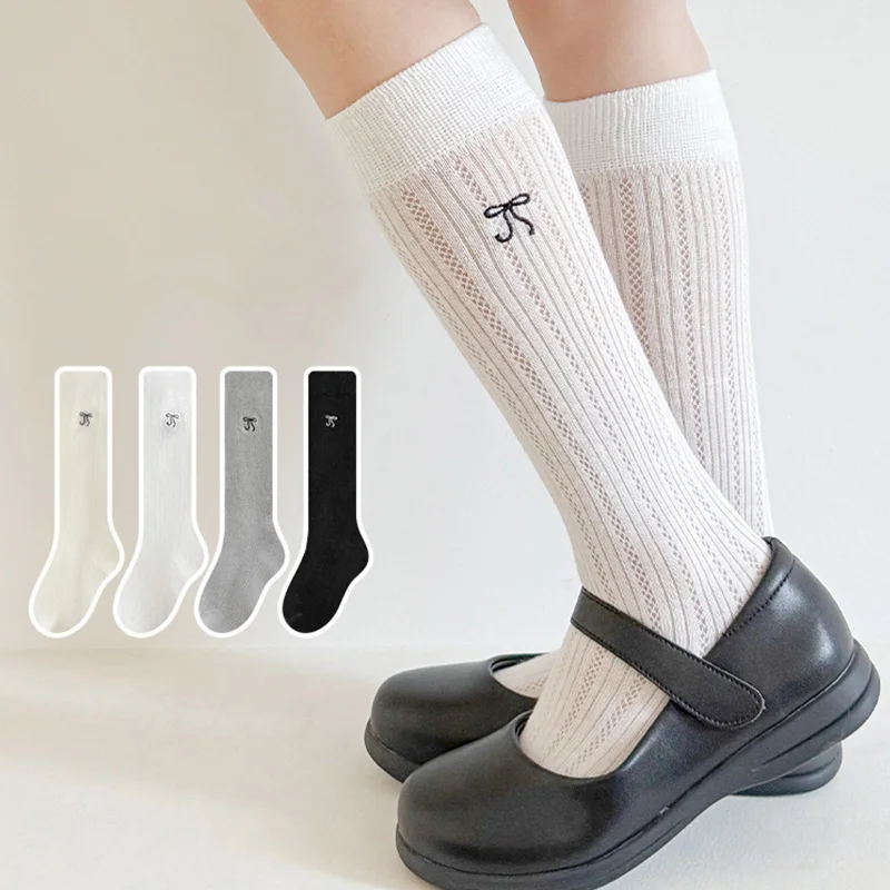 Girls Bow Stockings for Children Solid Color Mesh Breathable Embroidered Socks Spring Summer Bowknot Knitted Soft Children Socks