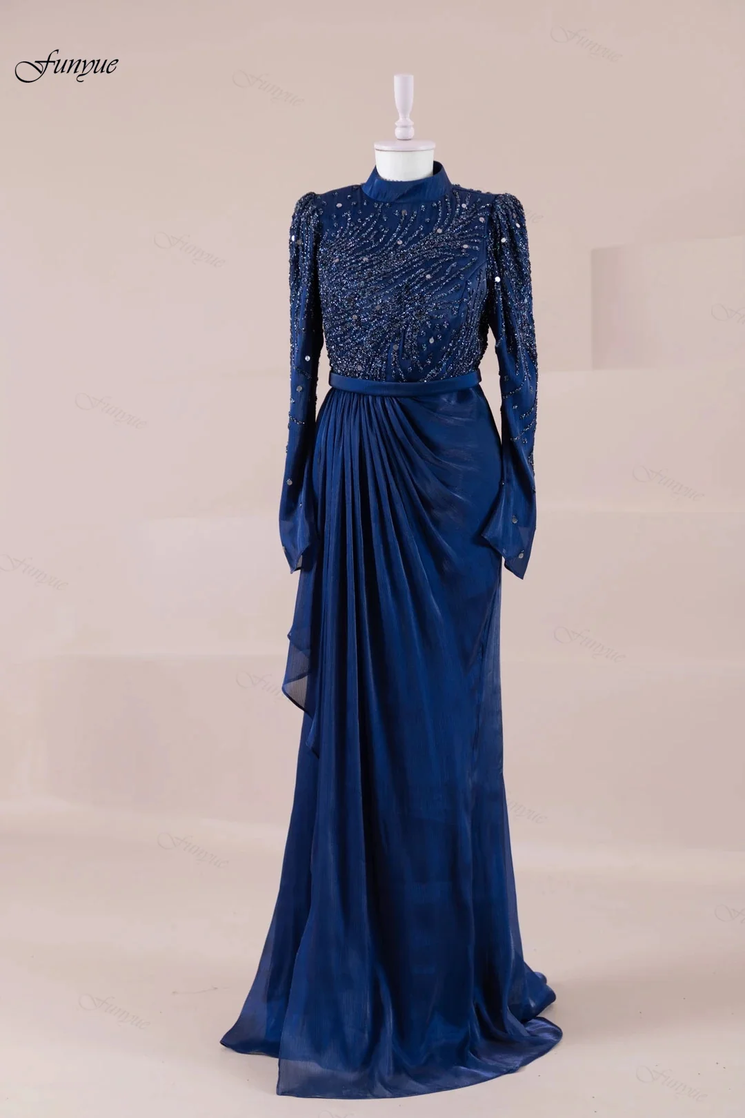 

Customized Muslim A-Line Formal Evening Gowns Vestidos De Festa Elegante Chiffon Ruffles Lace Beaded Bodice Wedding Party Dress