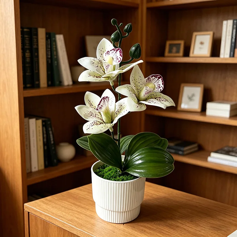 Artificial Cymbidium Orchid 26.5cm with Soft Film Petals and Glossy Leaves in Striped Plastic Pot for Indoor Decor