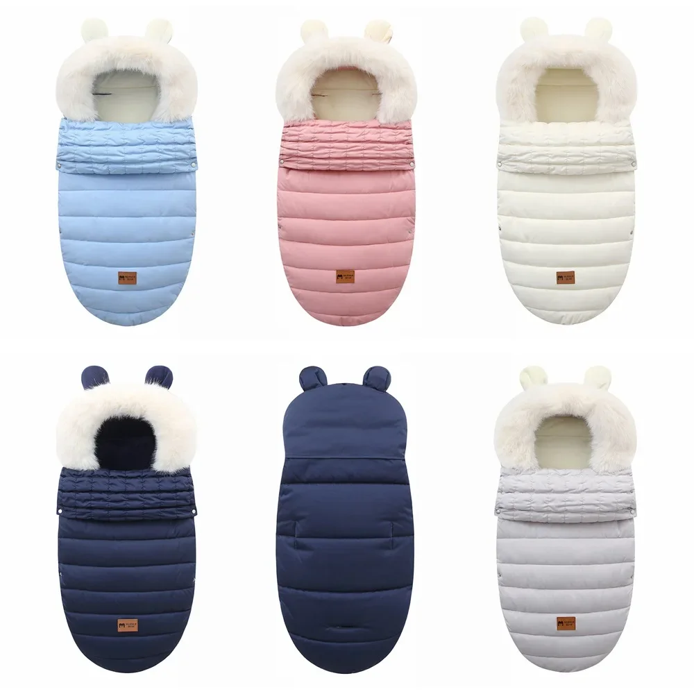 Waterproof Removable Fur Collar Warm Coral Fleece Adjustable Baby Sleeping Bag In Cart Stroller Footmuff 0-12M Winter Windproof