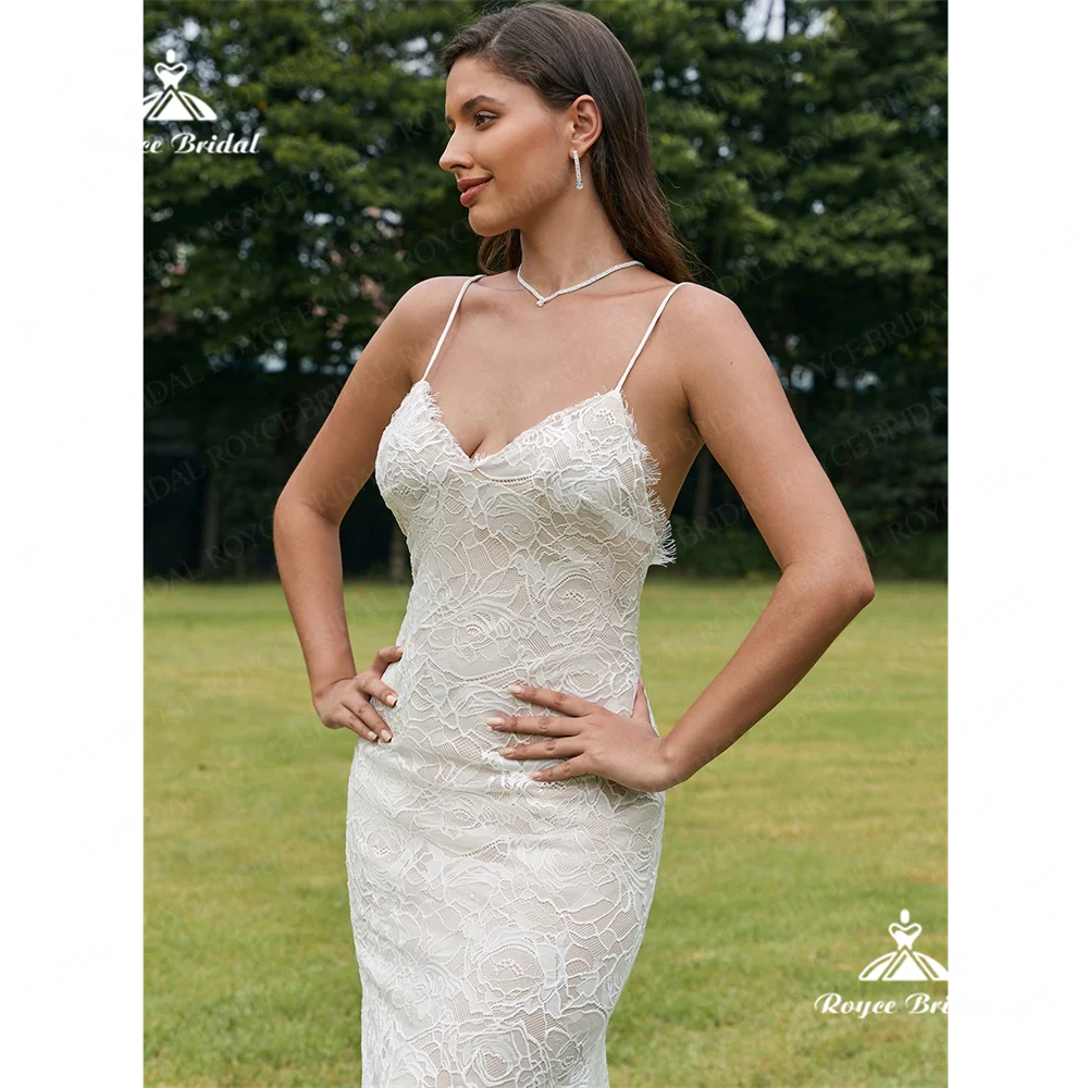 Roycebridal-vestido de novia de sirena con cuello en V, traje de encaje con cola de la capilla, elegante, 2025