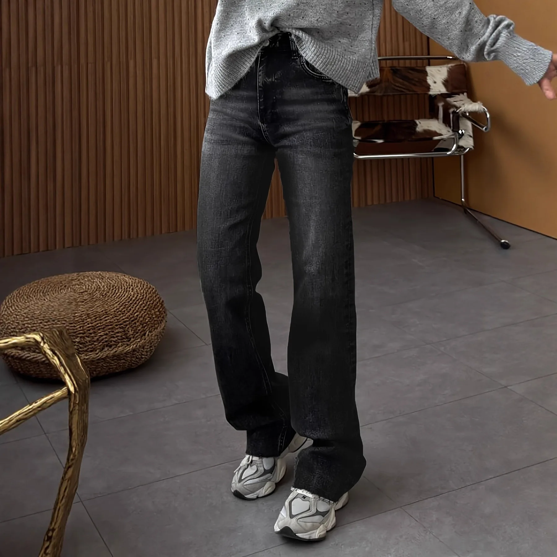 

Denim Jeans Women Solid Jean Button Pocket Zipper Fly Mid Waist Full Length Straight Pants Loose Casual Streetwear 2025 Autumn