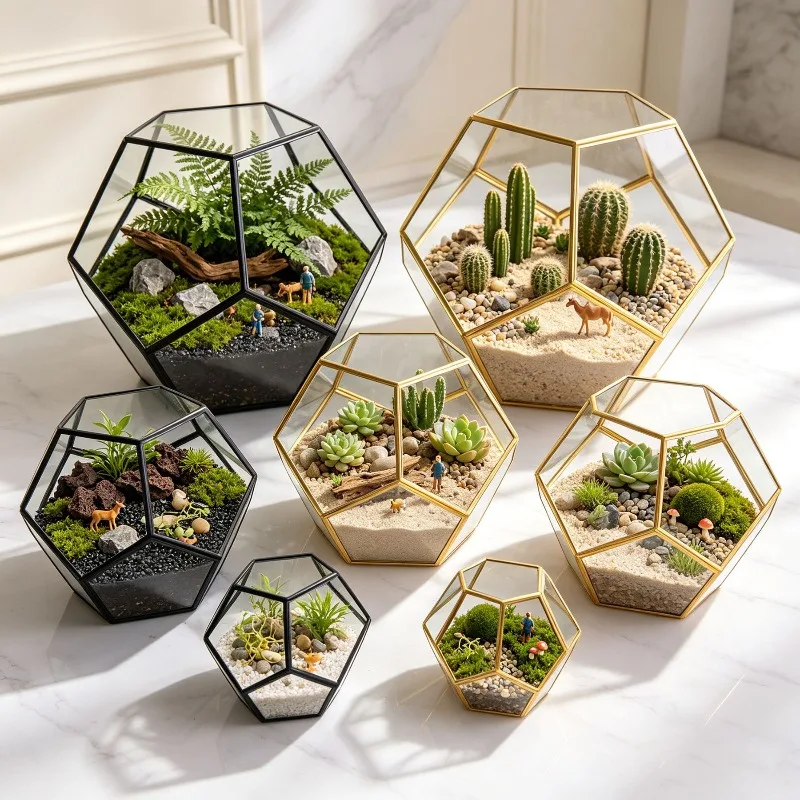 S/M/L Geometric Football Shape Glass Terrarium Container Frame Succulent Moss Micro Landscape Vase Planter for Home Table Decor