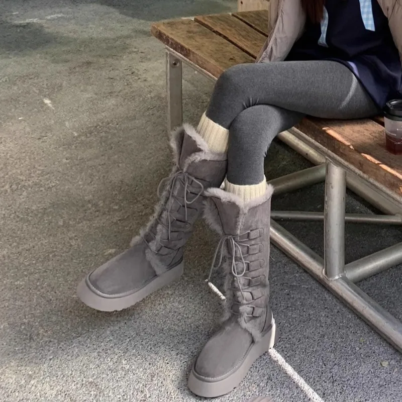 أحذية قطنية طويلة خالية من الركبة شتاء موضة جديدة جولة تو الدانتيل متابعة منصة دافئة المضادة للانزلاق أحذية الثلوج #4