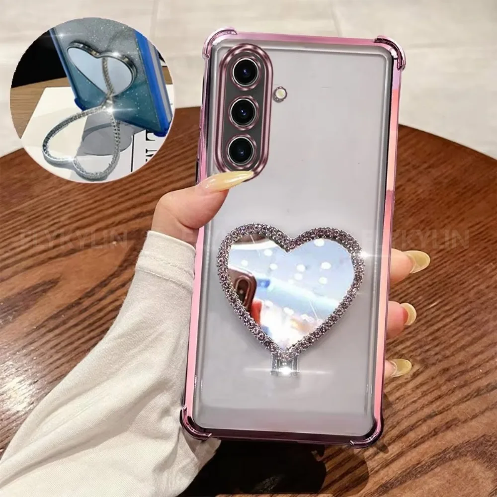 Love Heart Mirror Bracket Phone Case For Samsung A17 A37 A57 A16 A36 A56 A15 A35 A55 A54 A14 Shockproof Transparent Soft Cover