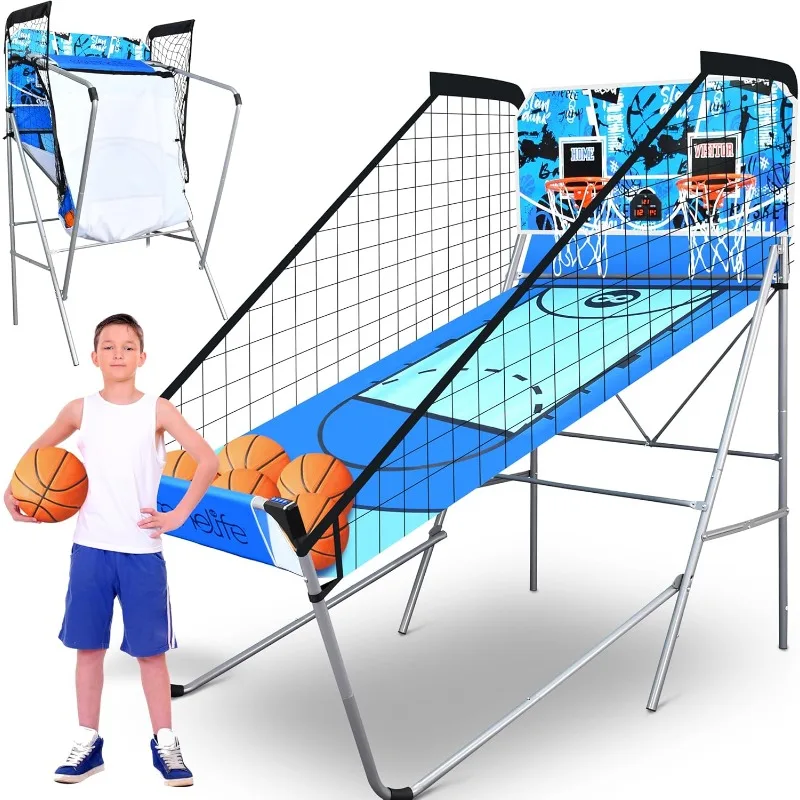 

Arcade Basketball Game Indoor Shootout, Heavy Duty Foldable Dual Hoop with Electronic Shot Scoreboard, Play Timer, Pr