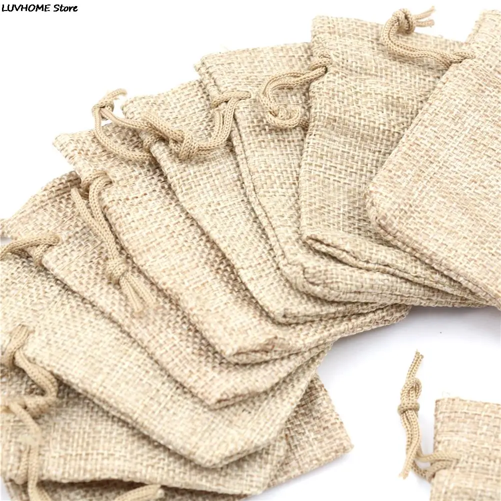 10pcs Small Burlap Jute Sack Linen Pouch Bag Drawstring Wedding Supplies