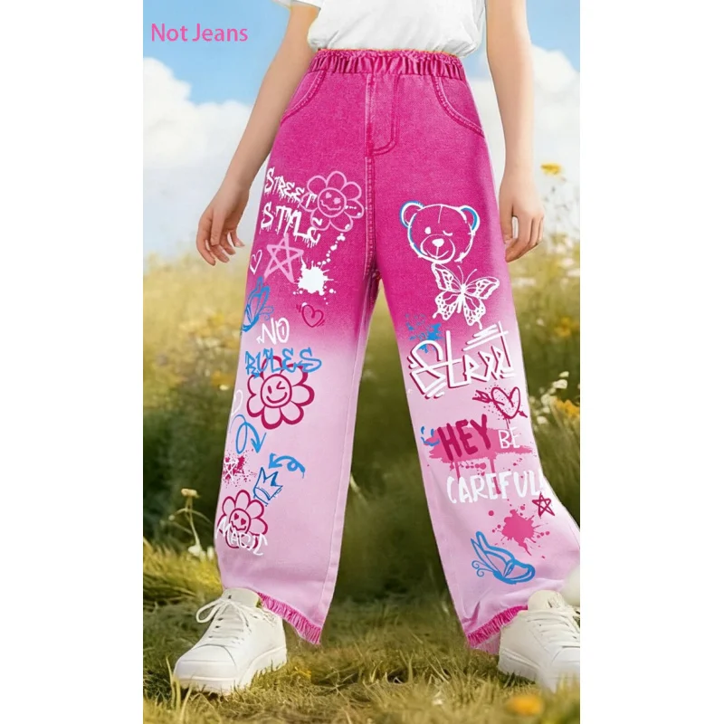 

Hot Sale Girls Pink Gradient Wide Leg Pants - Casual Trendy Graffiti Cartoon (Teddy Bear/Flowers/Butterfly) Print Trousers with