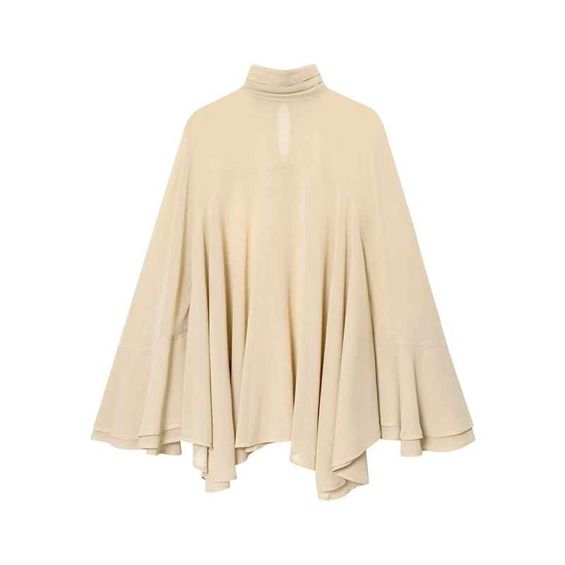YENKYE New Fashion High Neck Cape Top For Elegant Women Asymmetrical Hem Loose Chiffon Blouse