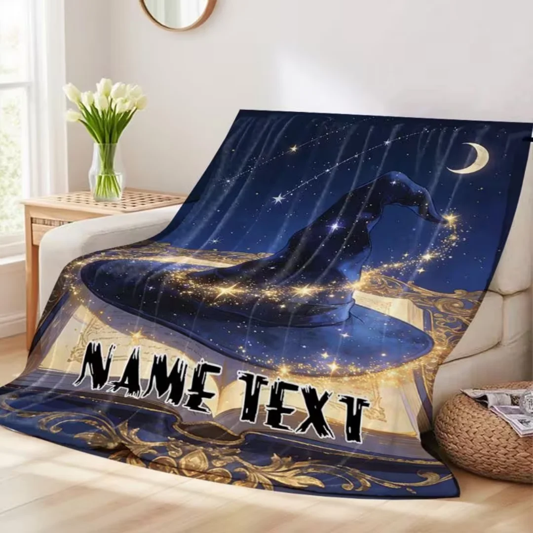 Personalized Magic Element Wizard Hat Magic Book Name Text Blanket, Soft Warm Digitally Printed Flannel Throw for Sofa Bed Campi