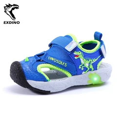 EXDINO Dinosaur LED sandali estivi lampeggianti 6Y ragazzi bambini Cut-out punta chiusa moda bambini scarpe da spiaggia antiscivolo