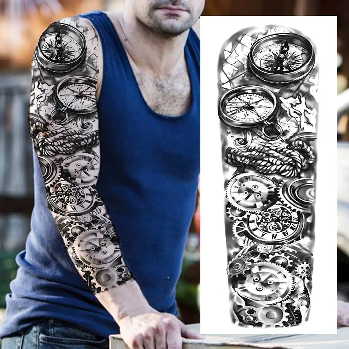 24 Sheets Full Arm Temporary Tattoo Sleeve For Men Women Thigh Arm Tattoo Black Flower Eagle Compass Tiger Tatoos Large Size 3D