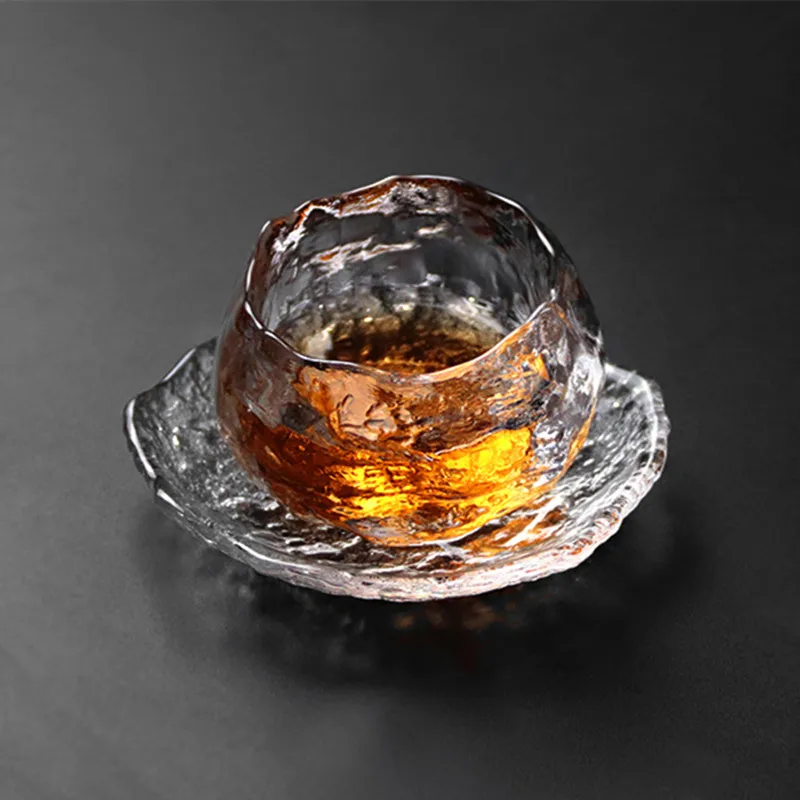 Japanese Galss Tea Cup and Saucer Set Creative Glassware Thickened Teacup with Coaster Mat Crystal Small Wine Espresso Cup