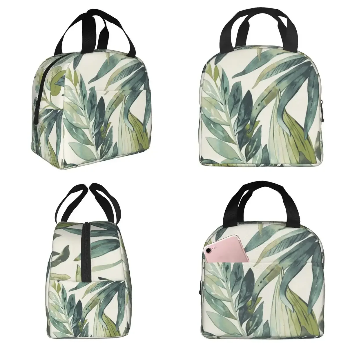 Green Tropical Leaf Print Insulated Lunch Bag for Women Office Cooler Thermal Food Box Tote Portable Lunch Boxes Container