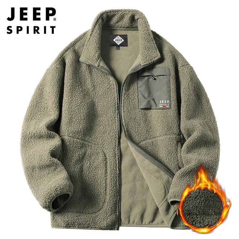 JEEP SPIRIT Autumn Men Brushed Jacket Fashion Simple Stand Collar Jacket Casual Versatile Loose Composite Fleece Warm Overcoat