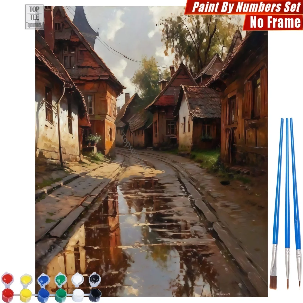 1 pieza Set de pinturas al óleo digitales DIY sin marco, con motivos de calle antigua, charcos, casas y luz solar, Arte de pared para decoración del hogar, Regalo de Acción de Gracias