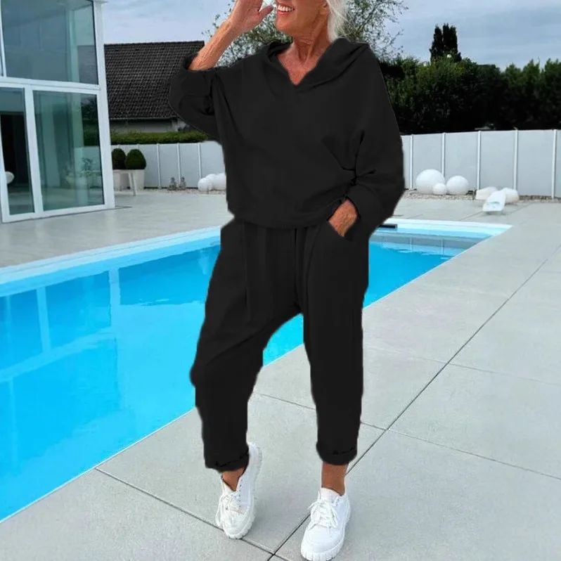 

2026 Autumn New Women's Solid Color Hooded Sweatshirt Two-Piece Set