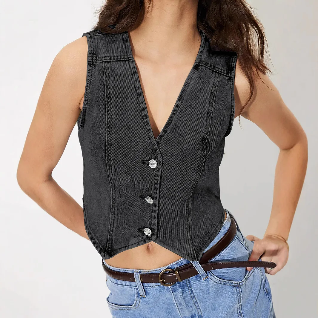 Women's denim vest new V-neck sleeveless solid color vest fashionable and versatile INS style top confident girl street fashion