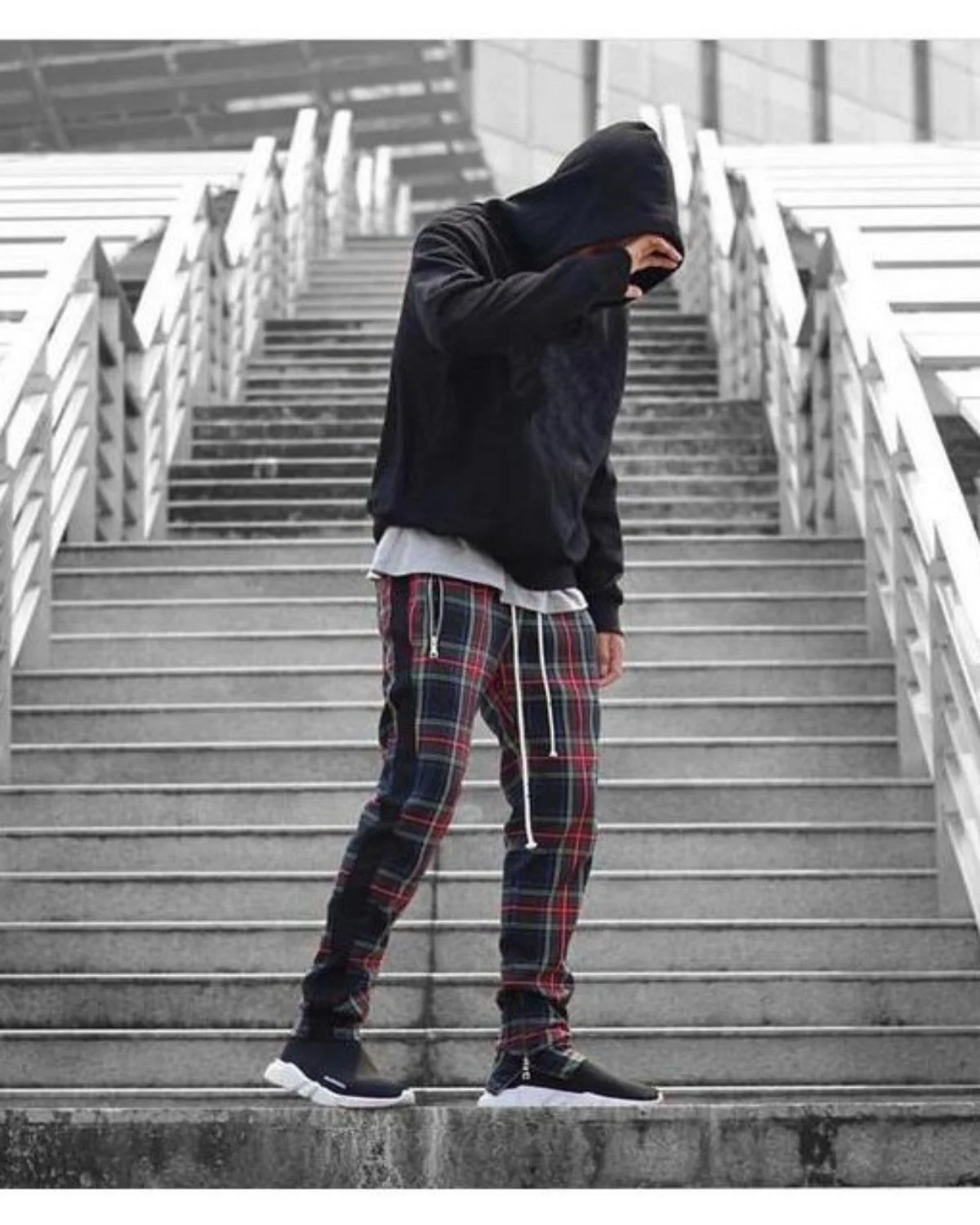 Men's Spring Autumn Hip Hop Slim Pants with Scottish Zipper Casual Elastic Waist Fashion Digital Print Clothing