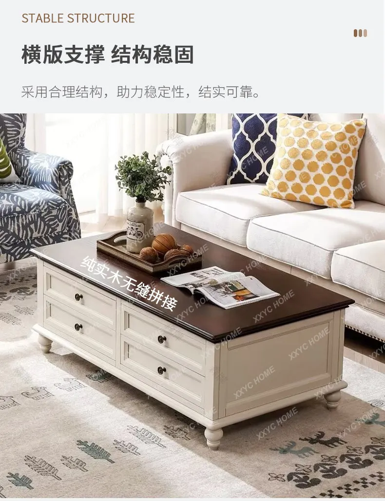 Solid wood rectangular ivory white coffee table small apartment coffee table