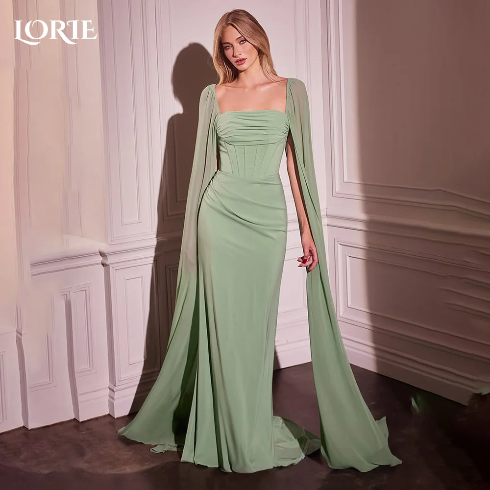 

LORIE Modest Crepe Prom Dress Ruch Saudi Arabia Shawl Sleeve Sexy Floor Length Evening Dress Pleats Arabia Party Gown Customized