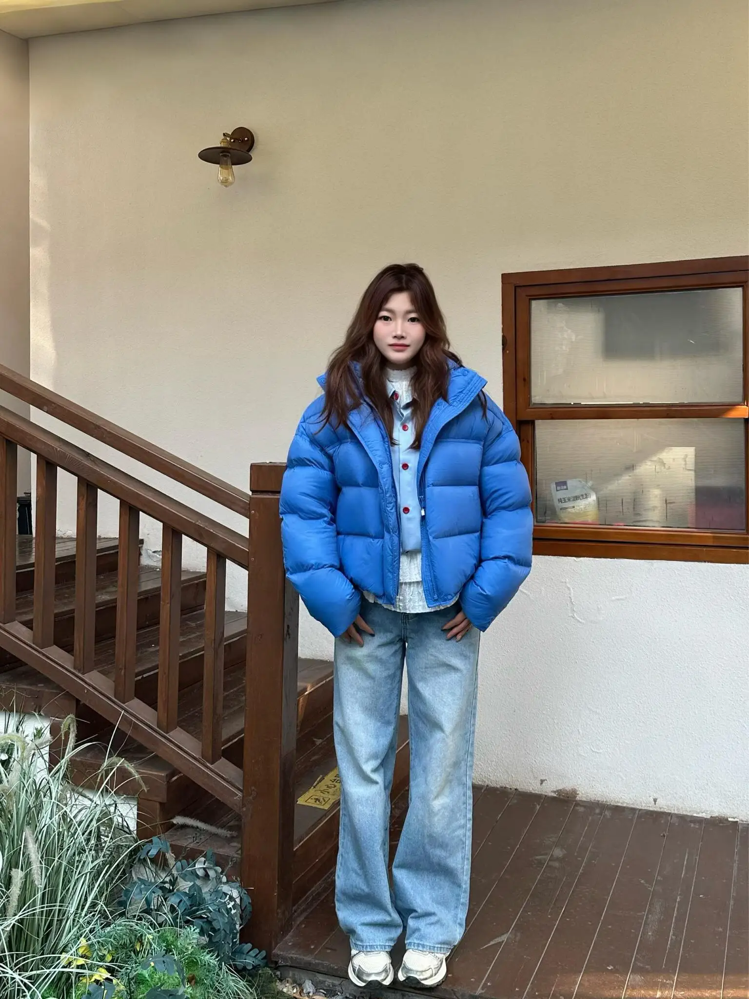 

Loose Fit Blue Cotton Puffer Jacket Women's Short Bread Style Coat Korean Version Winter Warm Casual Outerwear