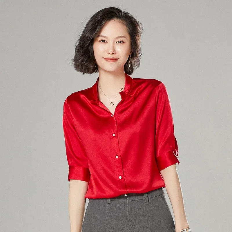 Fashion Stand Collar Solid Color Silk Shirt Women Spring 90% Mulberry Silk Shirts Mid-sleeve Slim Tops Casual Silk Blouse Zm2780