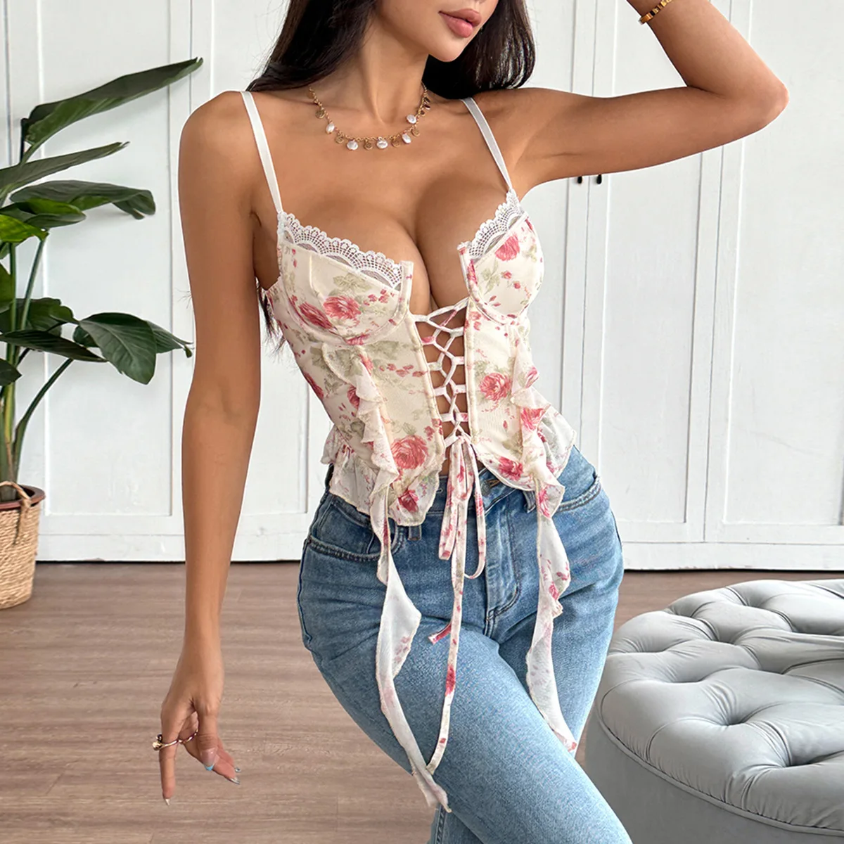 

Sweet Floral Printed Tops French Sexy Cross-tied Vest Women's Slim Corset Crop Top With Ribbons Tank Top Summer Fashion Camisole