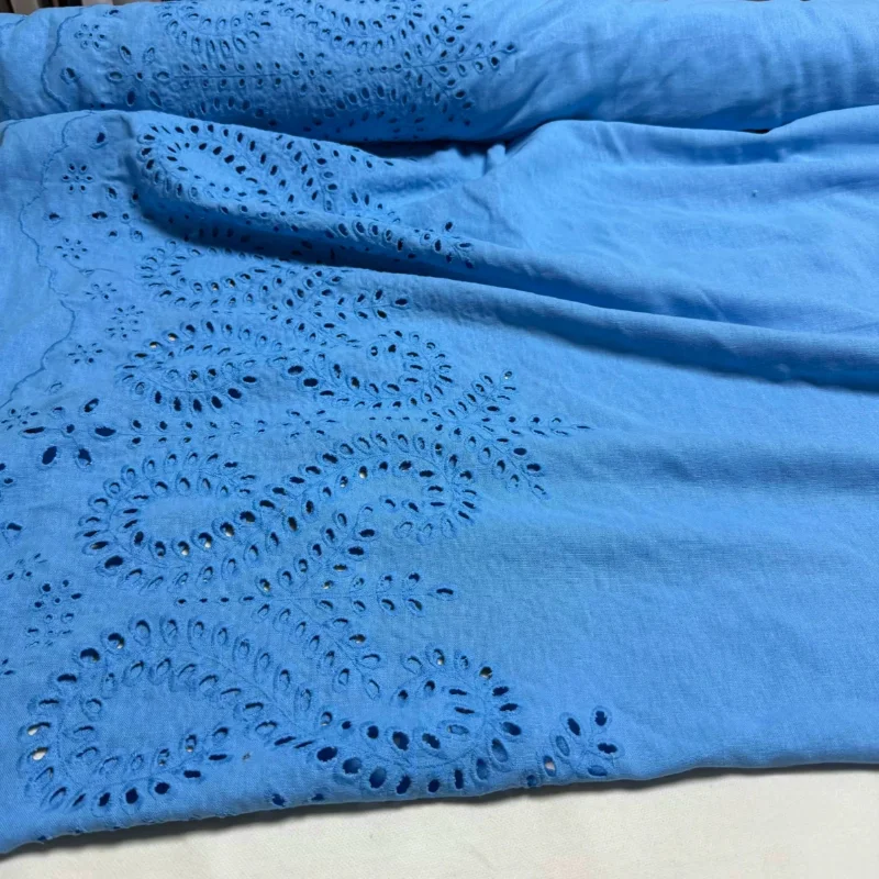 Skin Friendly Blue Embroidery Lace Hollow Out Fabric Sand Washed Linen Spring Summer Breathable Dress Handmade DIY Home Material view 6