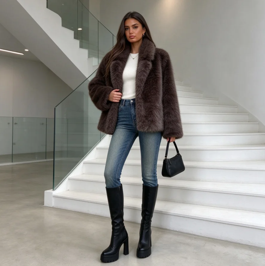 Faux Fox Fur Coats Buttons Jackets Turn Down Collar Coat Thick Warm Y2k Pocket Jacket Elegant furry outwear 2026 Autumn Winter