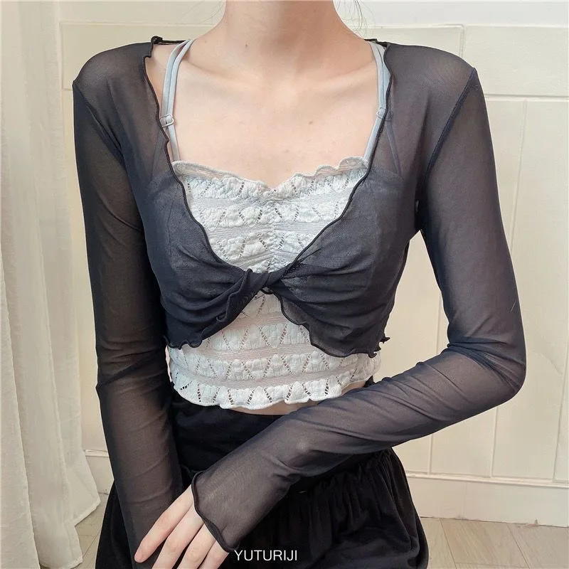 Women's Mesh Ballet Cover Up Cross Front Long Sleeve Stretch Top Lace Trim for Yoga Modern Dance Wear Sun Protection Coat 2026