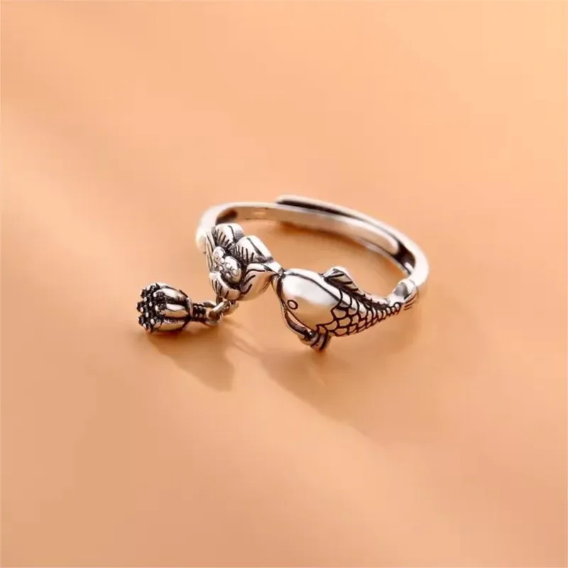 

New Personality Creative Carp Lotus 925 Sterling Silver Jewelry Flower Fish Temperament Animal Opening Rings R339