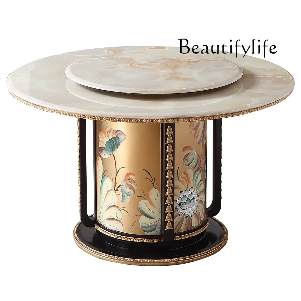 N French palace style new Chinese solid wood gold painting with turntable marble round dining table table and chairs